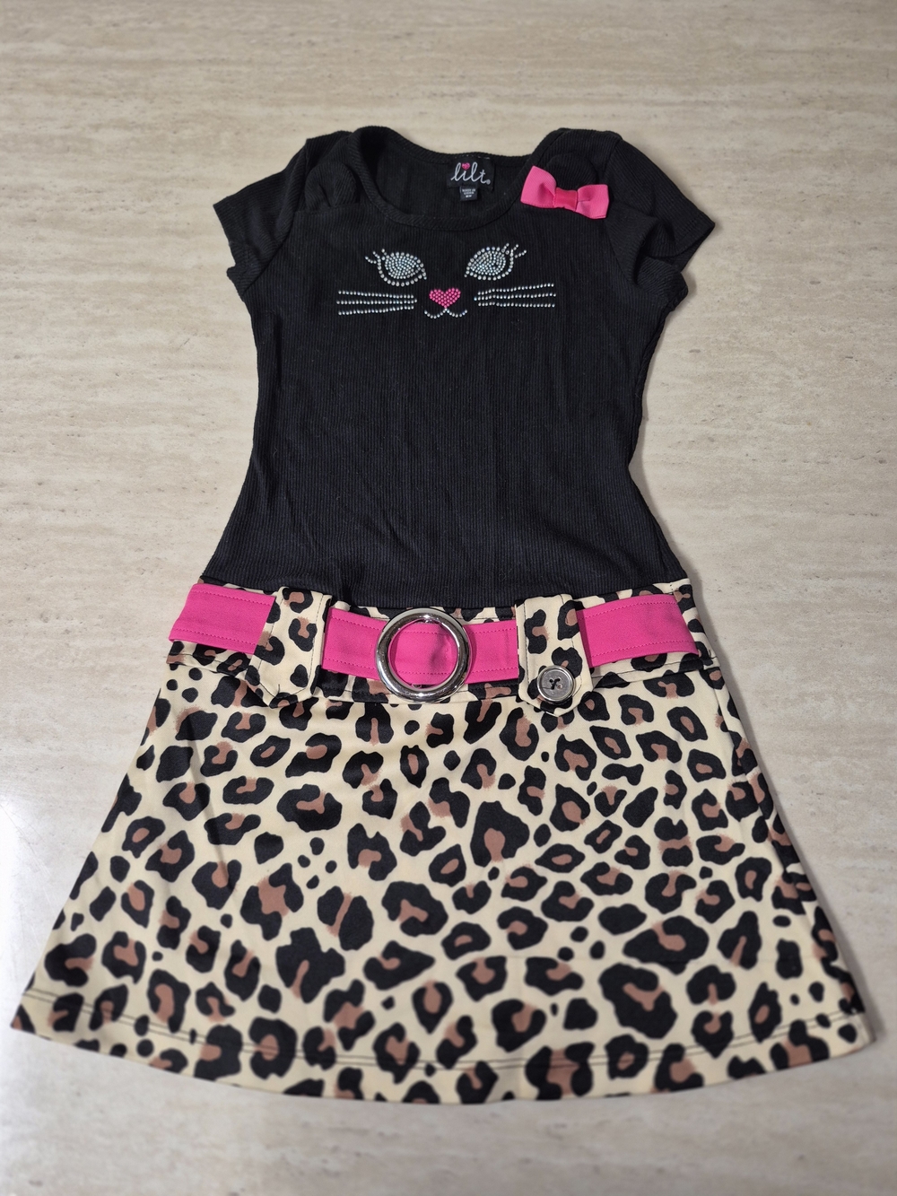 Black & Hot Pink Cat-Accent Girls Dress with Leopard Skirt